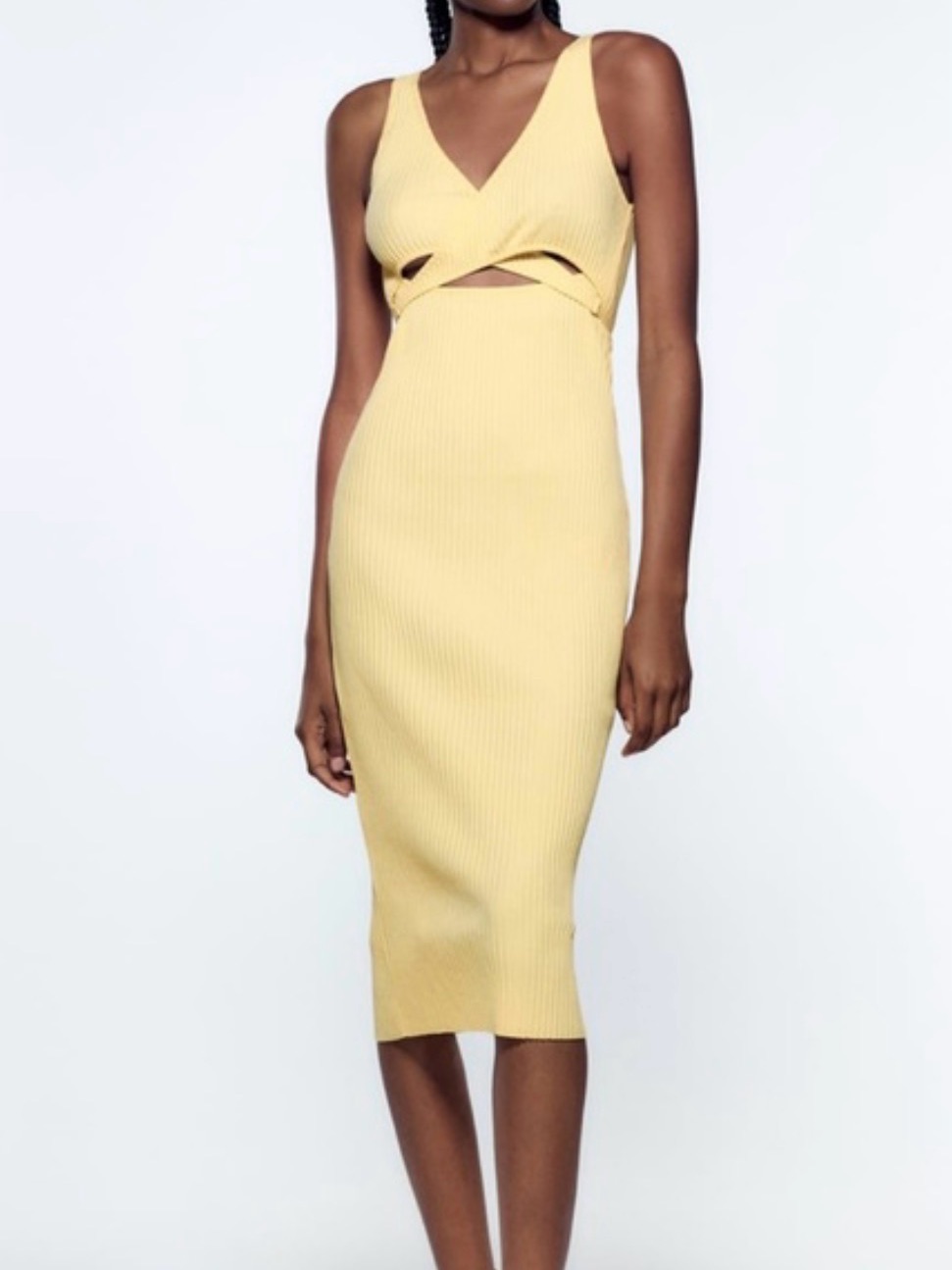 Zara Pale Yellow Ribbed Cutout Midi Dress With Twist Front